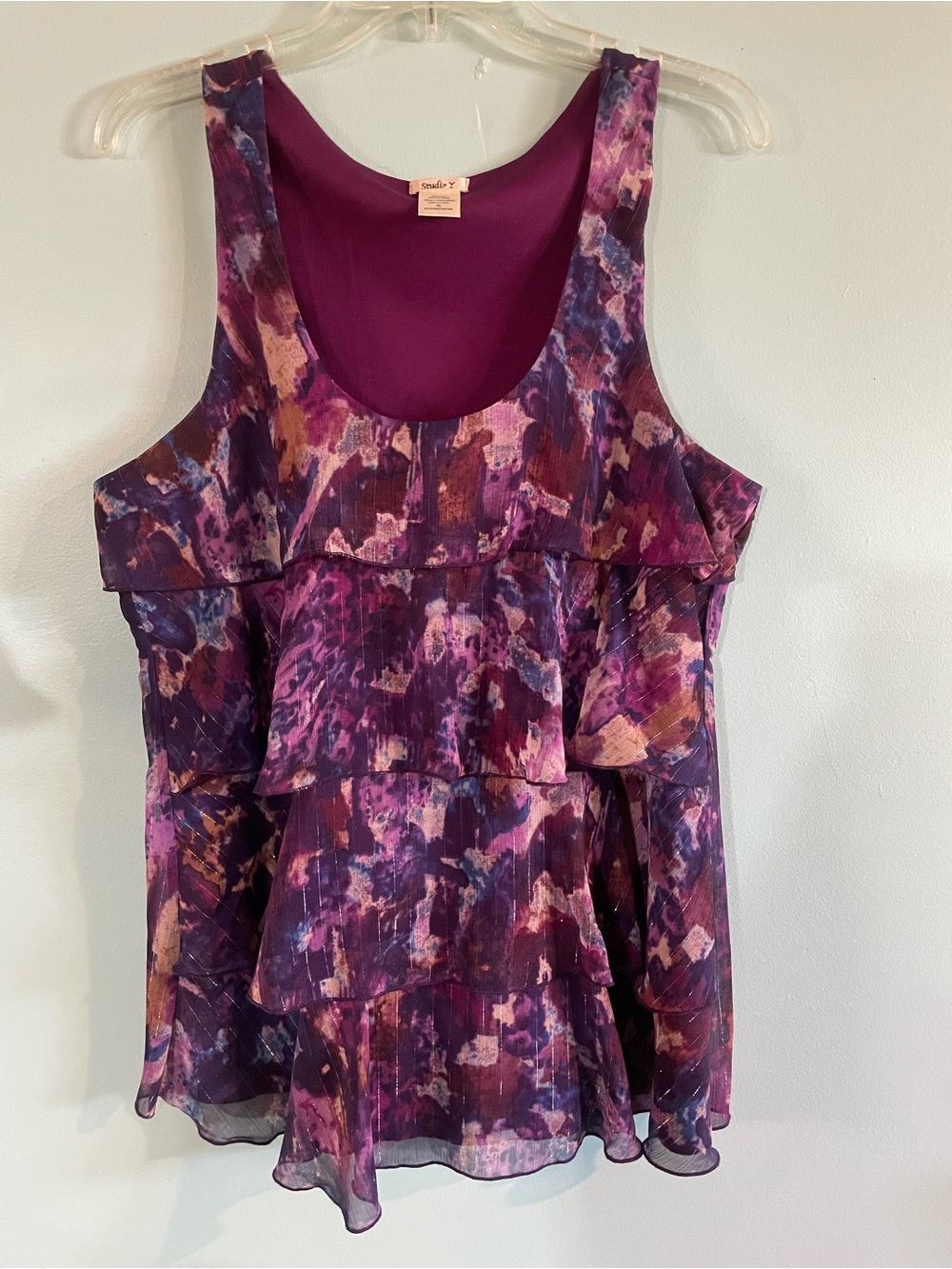 Purple Watercolor, Multi-Color Ruffled Tank Top, Women’s Blouse